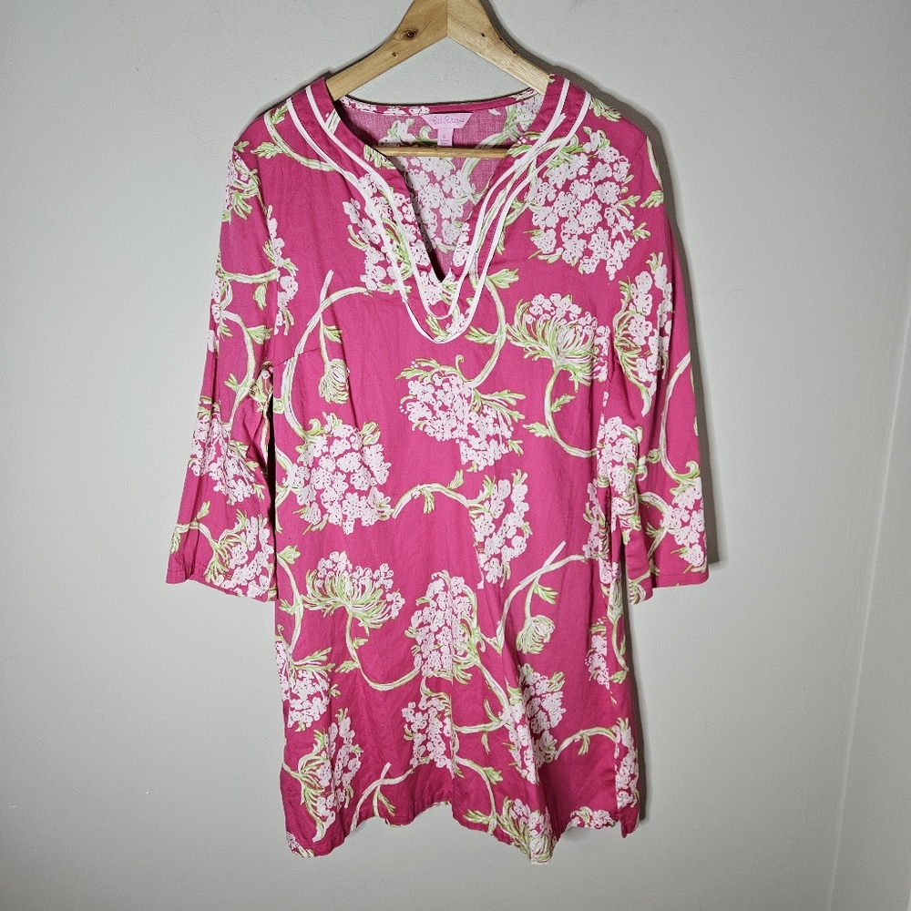 Lilly Pulitzer "Lace by the Docks"  Dress Pink Green Tunic Neck Shift Women's XL